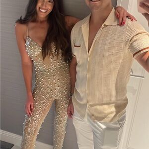 Fashion Nova Nude mesh Beaded Jumpsuit